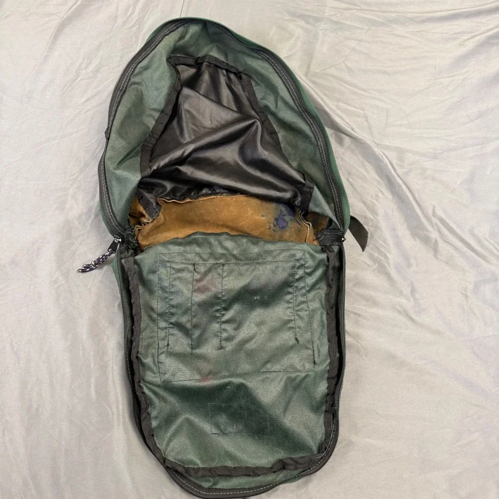 Vintage JanSport Backpack Green Canvas Brown Suede Leather Bottom School Bag